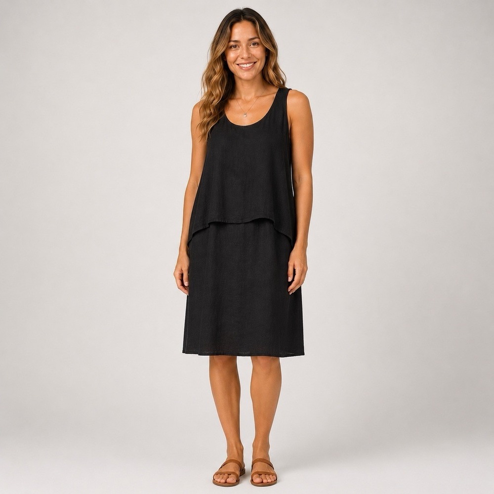 Luna‎ Luz Black Linen Layered Dress XL Sleeveless Lagenlook Hippie Boho Minimal